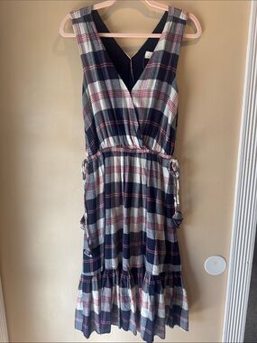 Anthropologie Plaid V-Neck Sleeveless Lined Midi Dress - Navy & Cream